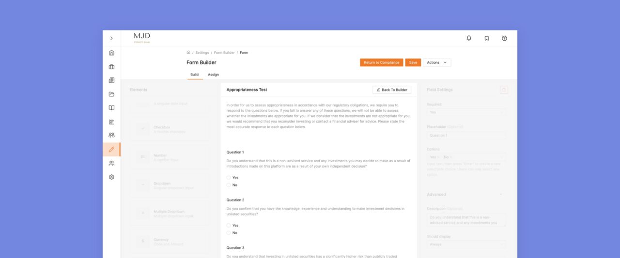A screenshot of an internal user previewing an appropriateness test for their investor onboarding journey in their white-labelled technology solution for private markets.