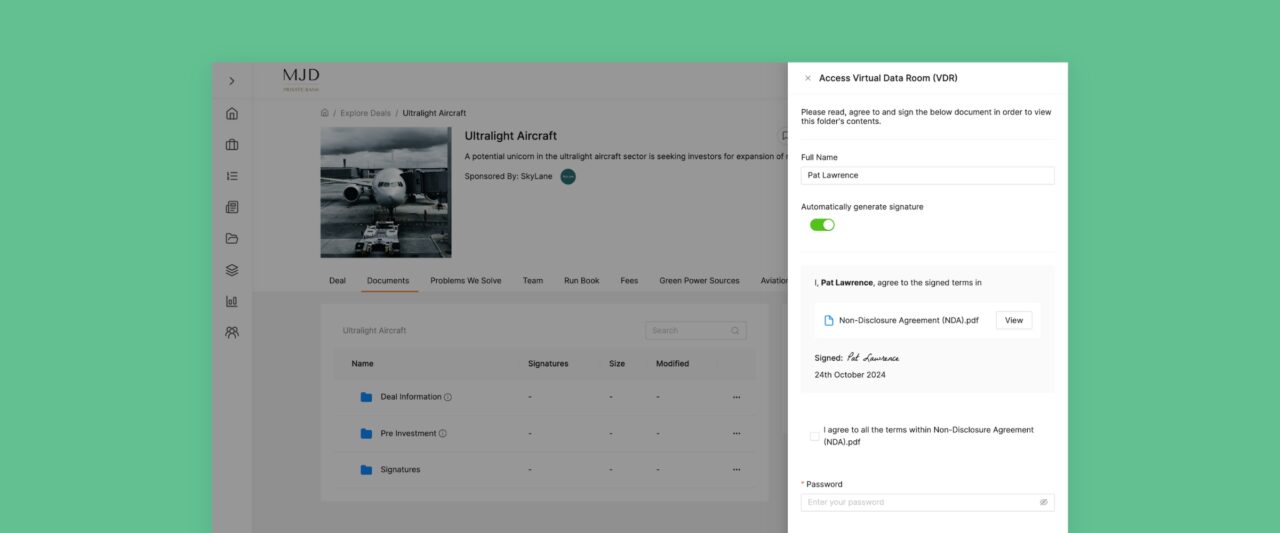 A screenshot of an investor signing a non-disclosure agreement to access a locked documents folder in their white-labelled investment platform for private markets.