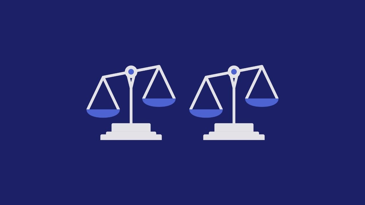 Two scales on blue background representing due diligence