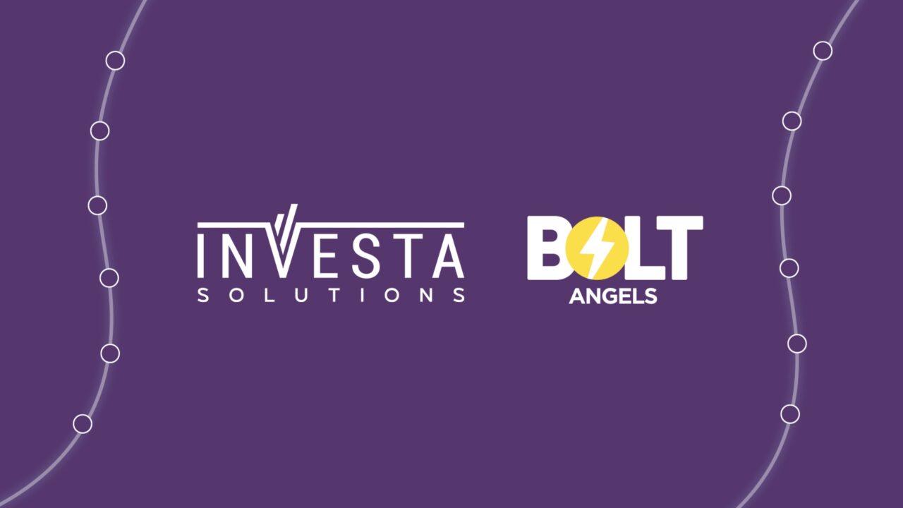 A white version of the Investa Solutions logo with a white and yellow Bolt Angels logo on a purple background.